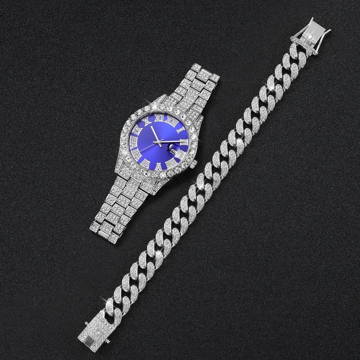 2PCS/Set Ladies' Steel Strip Fashion Casual Full Diamond Roman Blue Dial Quartz Watch And Full Diamond Bracelet（Without Box）
