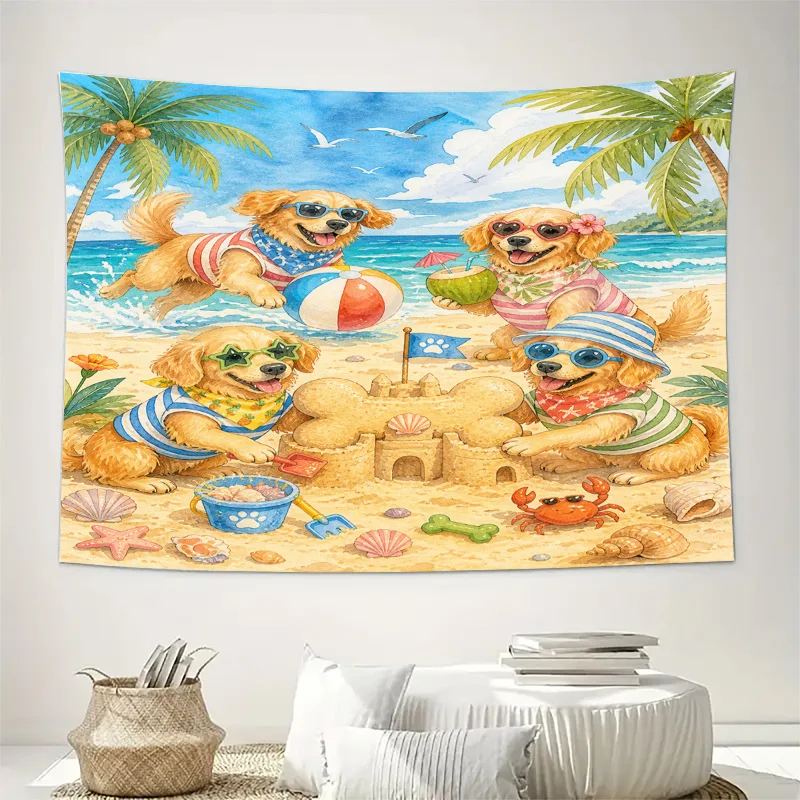 Cute Golden Retriever Dog Beach Day Tapestry Tropical Summer Coastal Wall Hanging Nautical Ocean Puppy Pet Decor Art Print