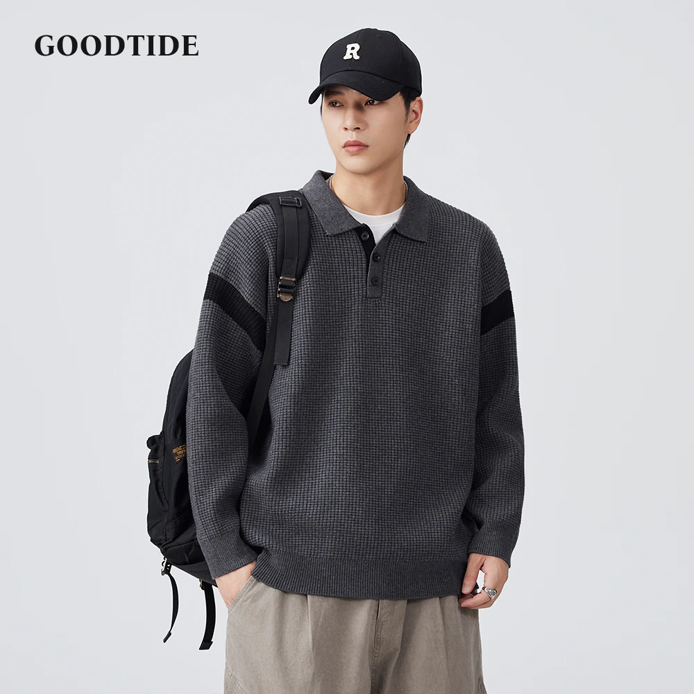 Fashion Men's Casual Polo Collar Sweater Winter Waffle Knit Pullover Comfortable Soft Long Sleeve Jumper Contrast Stripes Top
