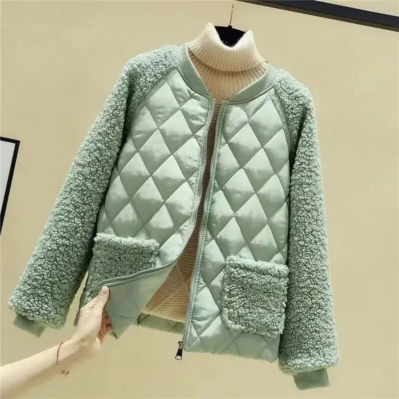 Ladies Thicken Short Cotton Padded Jacket Lamb Velvet Splicing Winter Outerwear  Commute Fashion Autumn Long Sleeve Cotton Coat