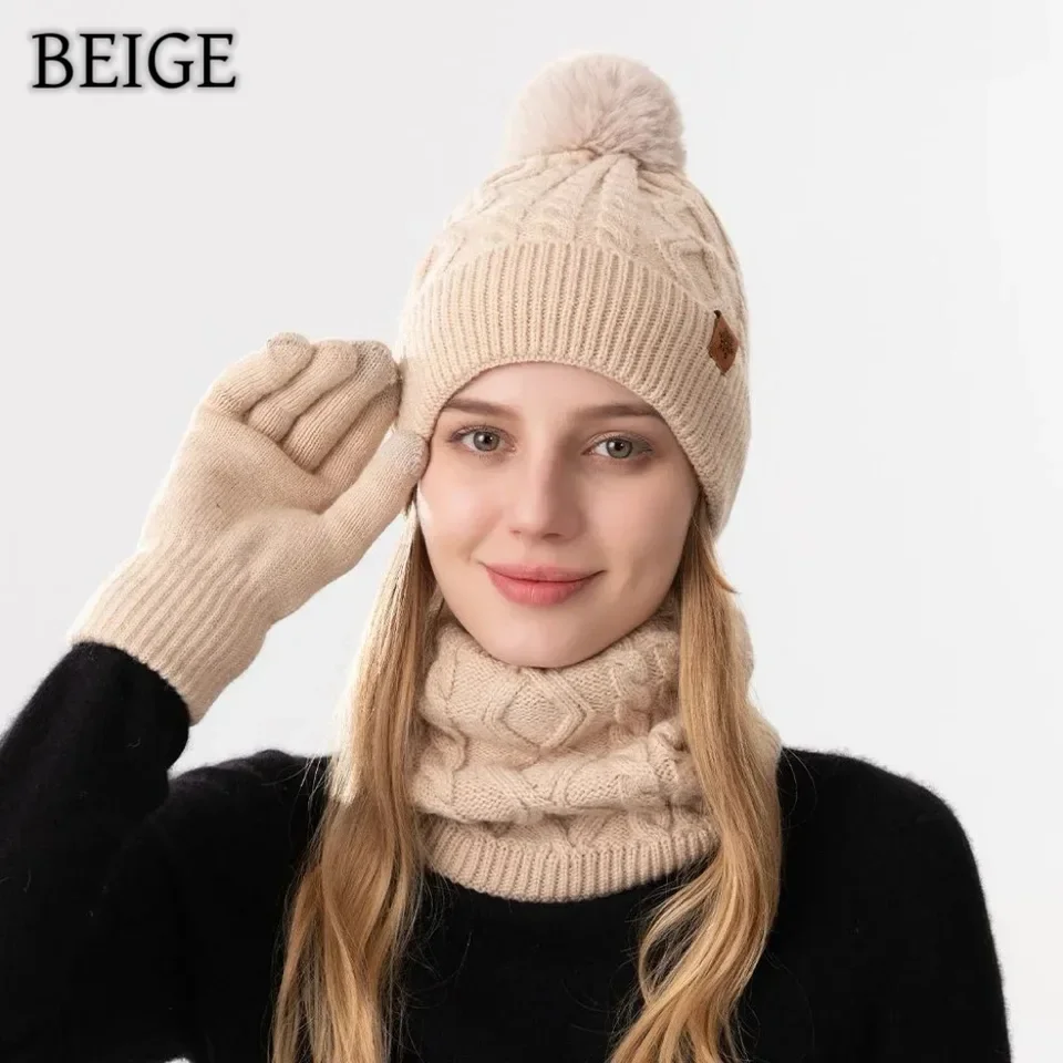 Winter-Set mit gestrickten Schals und Mützen und Handschuhen – mit Fleece gefüttertes warmes Thermo-Zubehör für Outdoor-Fahren