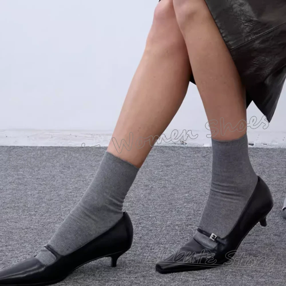 Mary Jane Pumps Belt Buckle Leather Square Toe Kitten Heels Solid Color Women Shoes Fashion Comfortable Sexy Elegant Novelty New view 3