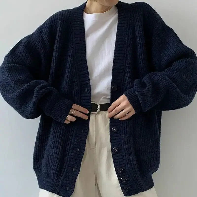 Navy Blue Ladies Sweaters V-neck Knitted Top for Women Cardigan Winter Button New Knitwear Y2k Vintage Fashion 2024 Long Sleeve