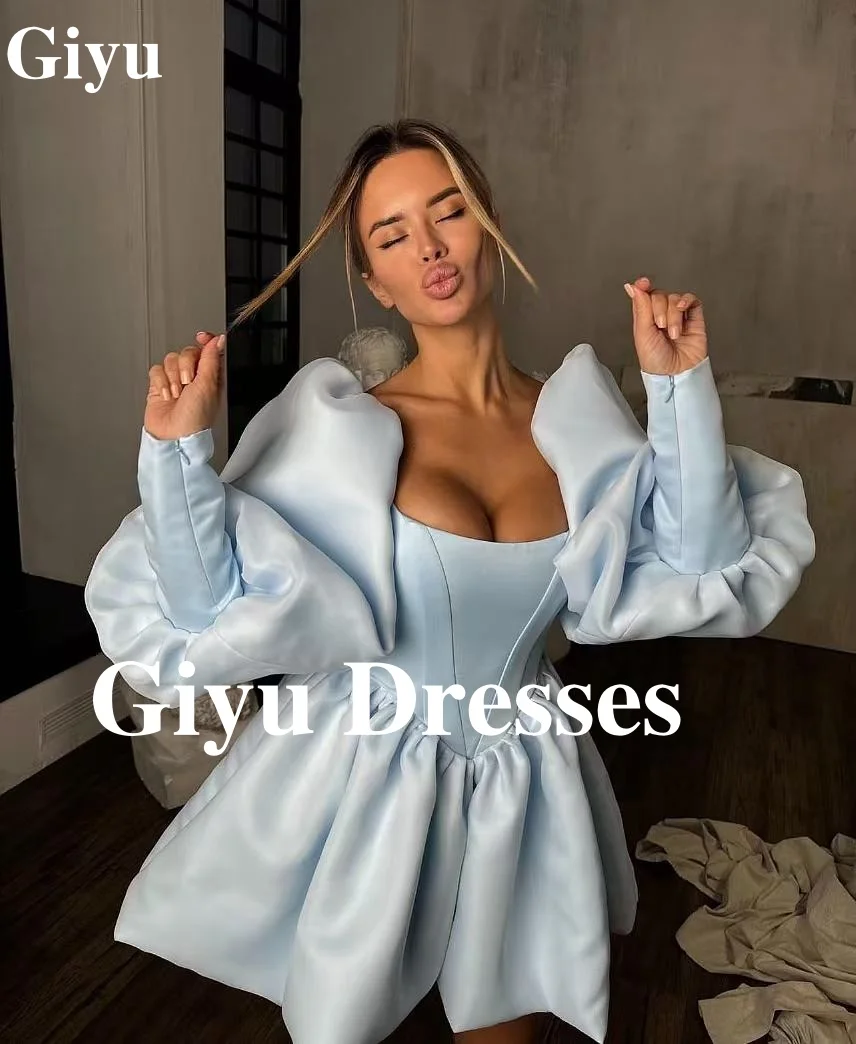 Giyu-Mini robe de soirée en satin avec fermeture éclair pour femme, manches longues, bouffantes, plissée, personnalisée, européenne et américaine