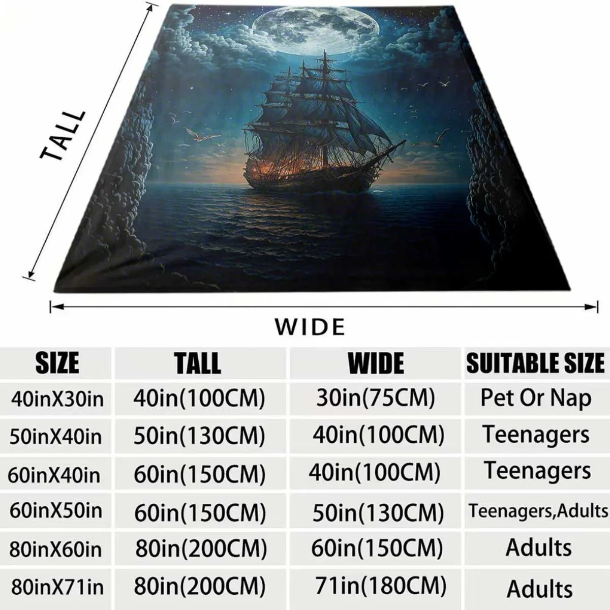 Starry Night Ocean Sailing Ship Flannel Blanket Soft Comfortable Throw Blanket Vintage Pirate Vessel Moon Seawater Print Blanket