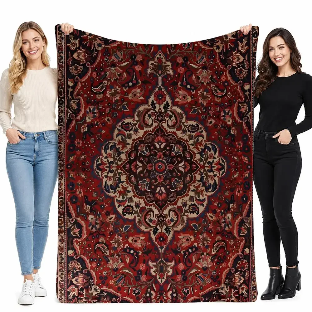 Retro Persian Rug Women Gift Throw Soft Cozy Flannel Blanket for Couch Sofa Bed, Mid-Century Modern Art Lover Gift