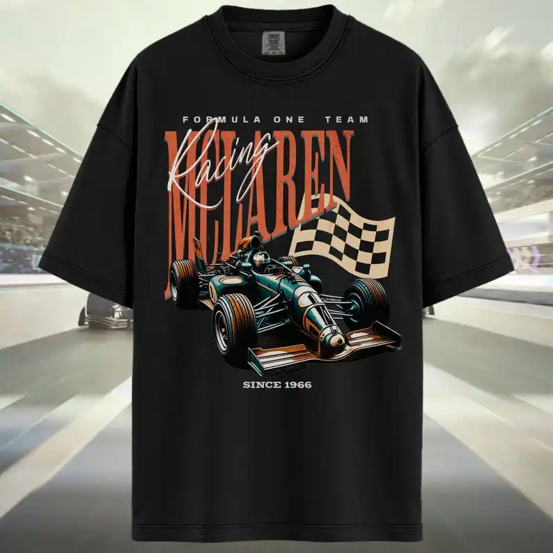 

Camiseta vintage de Fórmula 1, gráfica del equipo McLaren, clásica de coche de carreras, ropa retro para aficionados