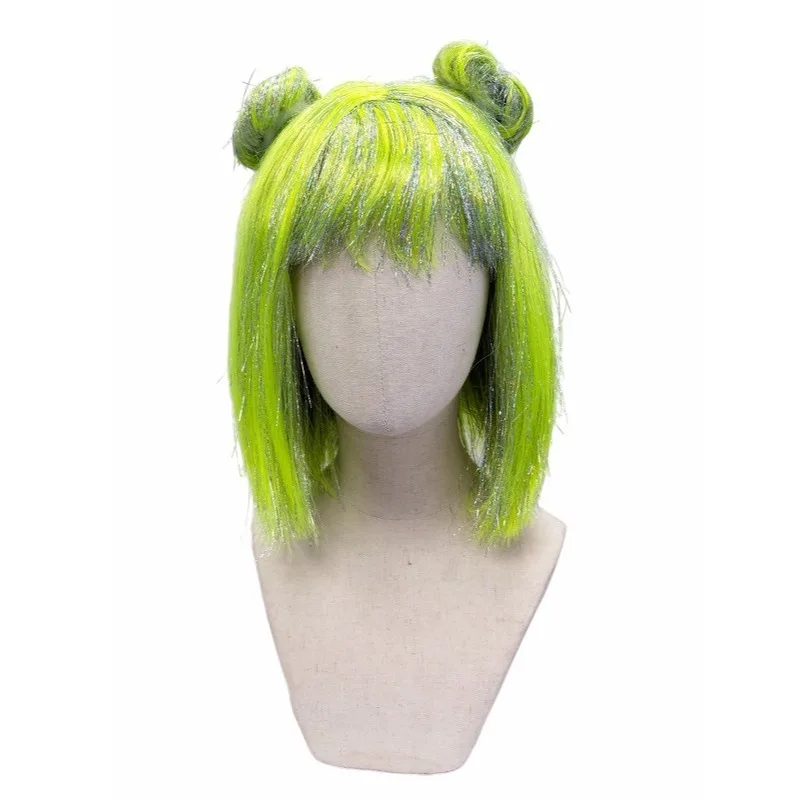 Green Tinsel Short Bob Wig With Space Buns Flat Bangs Synthetic Hair Anime Cosplay Costume Party Full Wigs for Girls Women