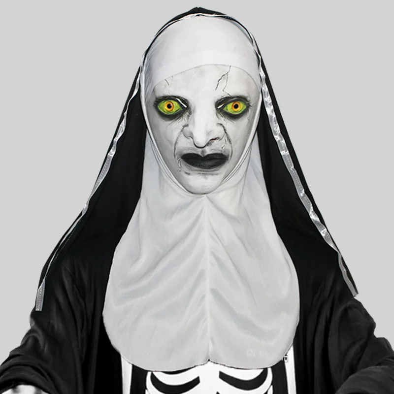 

Halloween Party Headwear Screaming Black Cloth Hood Latex Green Eyed Nun Horror Demon Nun Ghost Masks