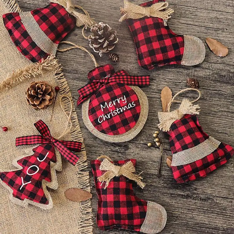 Christmas Tree Ornament 8pcs/Set 2022 Christmas Buffalo Plaid Cloth Pendant Christmas Ornament Winter Holiday Festival Party