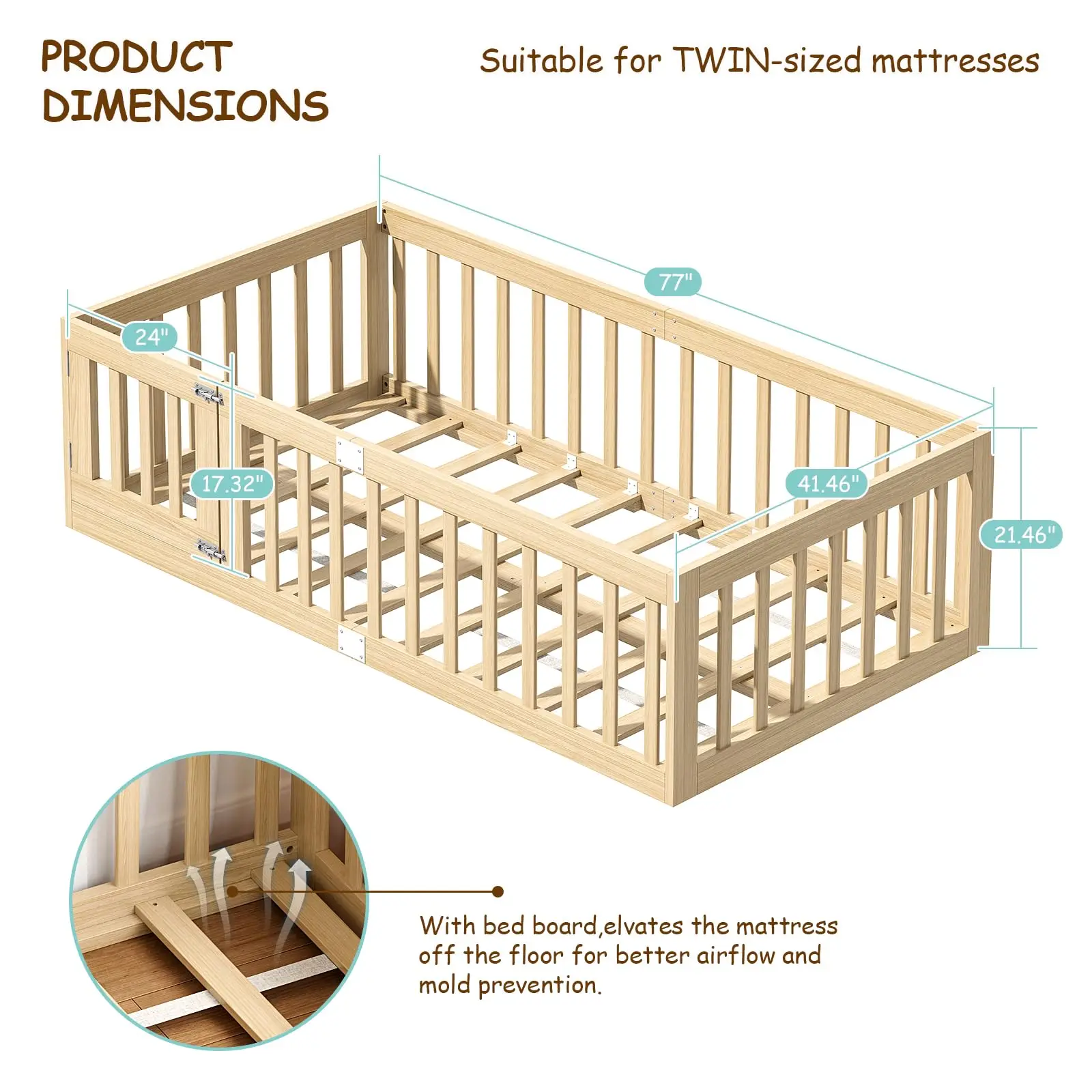 Twin Montessori Floor Bed with High Guardrails and 2 Door Latch, Solid Wood Toddler Bed Frame with 10 Slats and