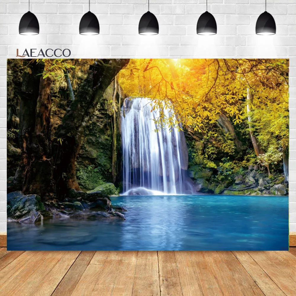 Laeacco Spring Waterfall Nature Landscape Photography Backdrop Cascades Jungle Mountain Forest Adult Portrait Photo Background