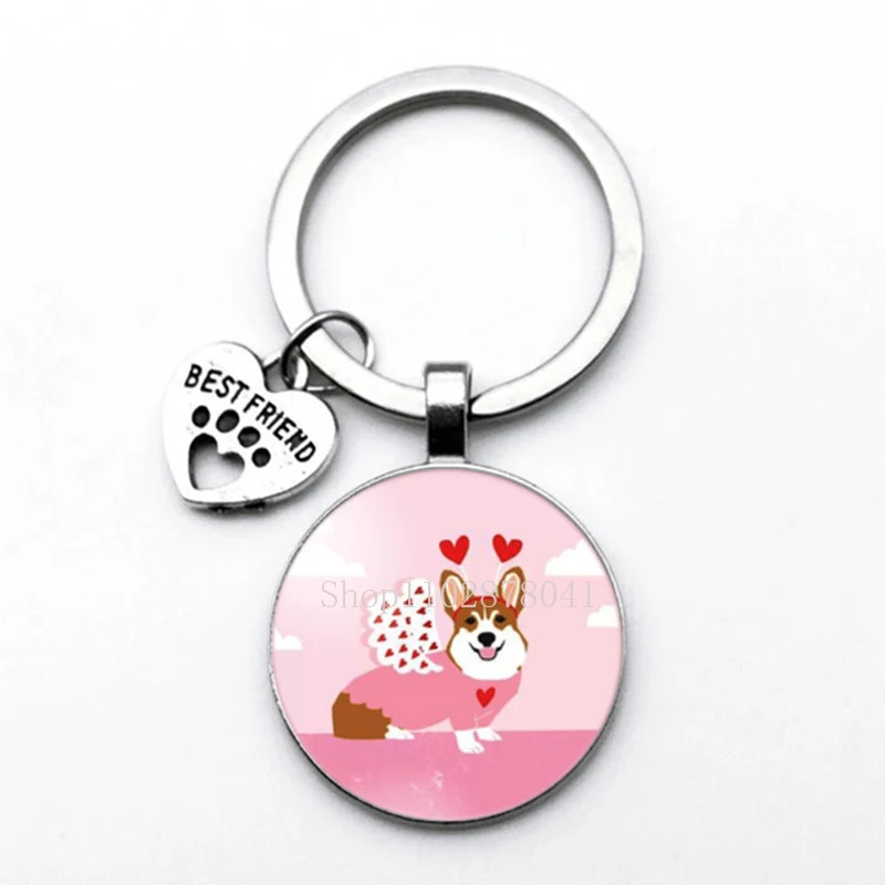 Popular Jewelry Dome Glass Zinc Alloy Keychain Cute Dog Pink Pattern Best Friends Fashion Gift