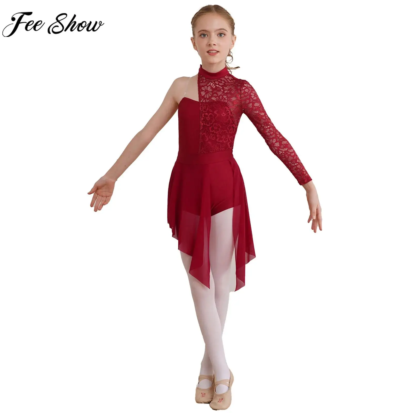 Children Girls Floral Lace Bodice Modern Lyrical Dance Dress Figure Skating Ballet Gymnastics Latin Cha-cha Performance Costume