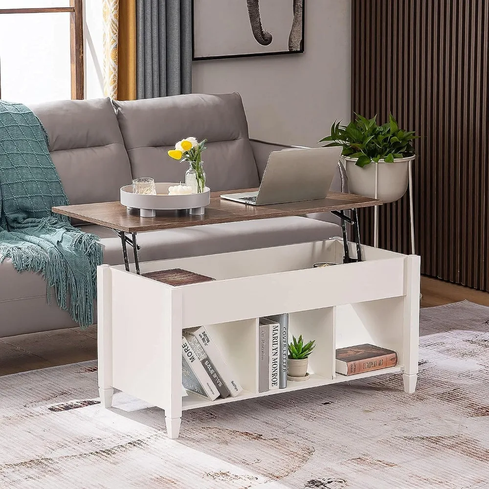 Coffee Table, White, with Storage Rack/hidden Compartment, Gas Lift Pop-up Coffee Table