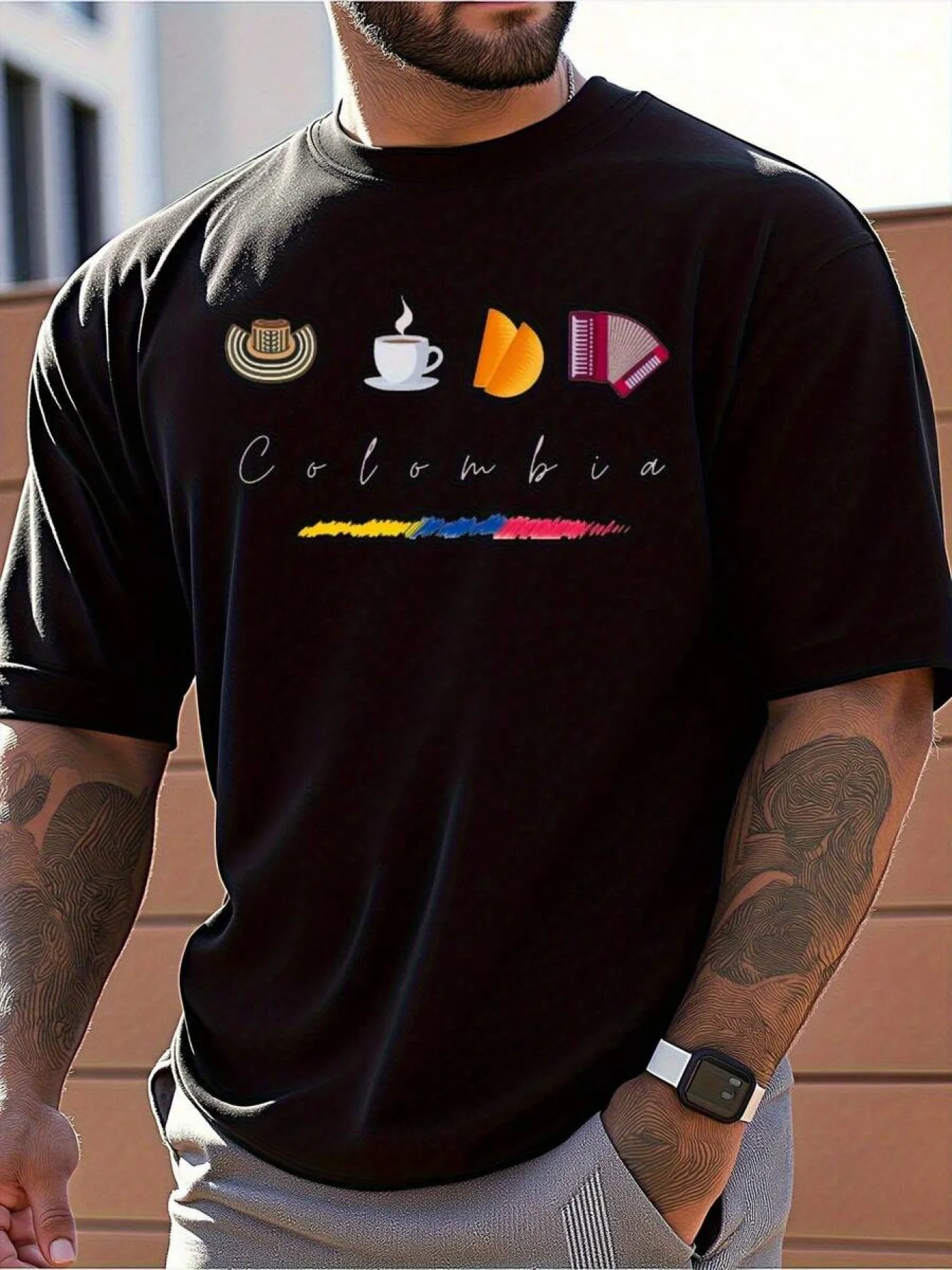 Men'S Relaxed Fit Short Sleeve Tee - Lightweight And Airy Summer Shirt, Showcasing Colombian Flag And Coffee Culture Design, Ide