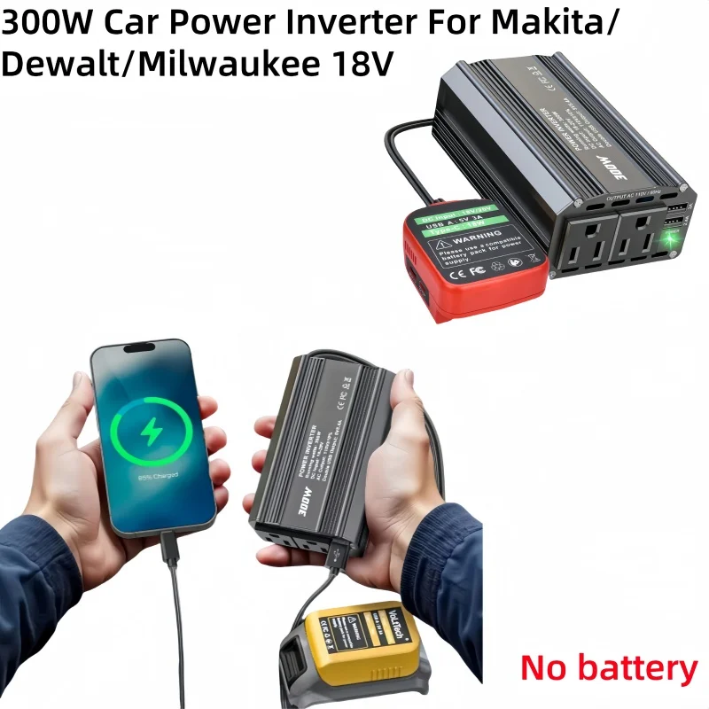 

1PCS Power Inverter AC110V/DC18V for Makita/Dewalt/Milwaukee 18V Li-ion Battery with 2 AC Outlets, 3 USB-A Ports
