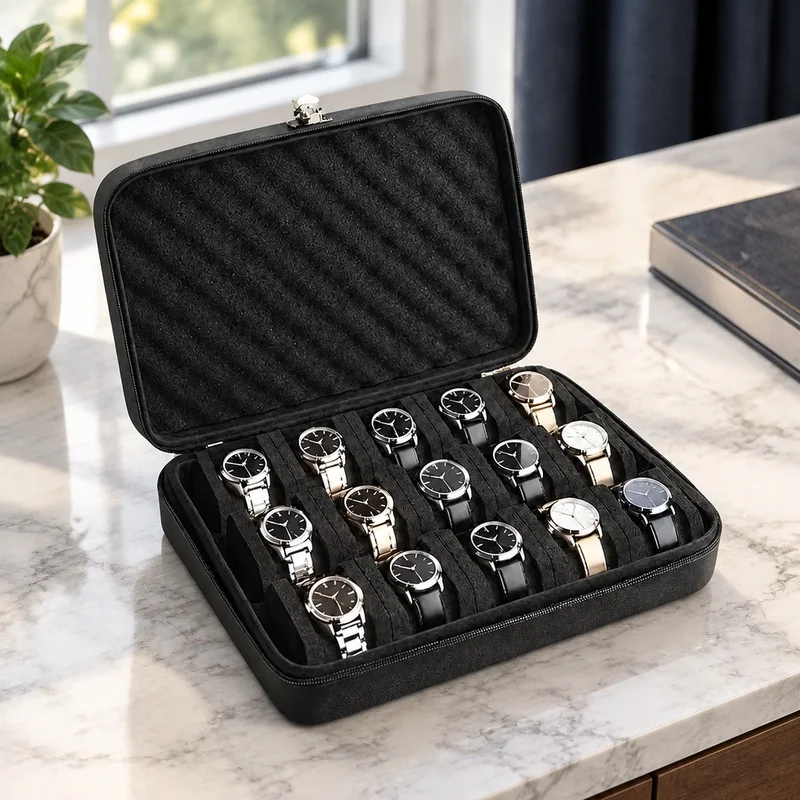 Compact 15-Compartment Watch Storage Box with Durable, Impact-Resistant Build for Home and Travel
