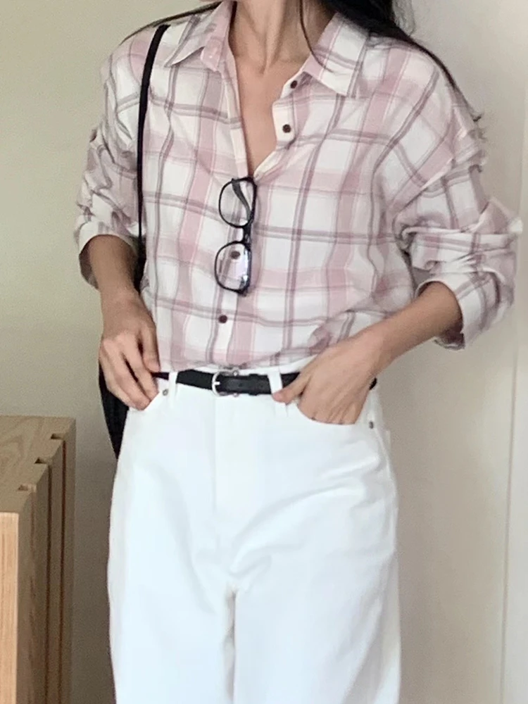 

Smoid Cotton irt Women's Casual Loose Long Sve Plaid Button up Office Commute Sle Pure Cotton Ne