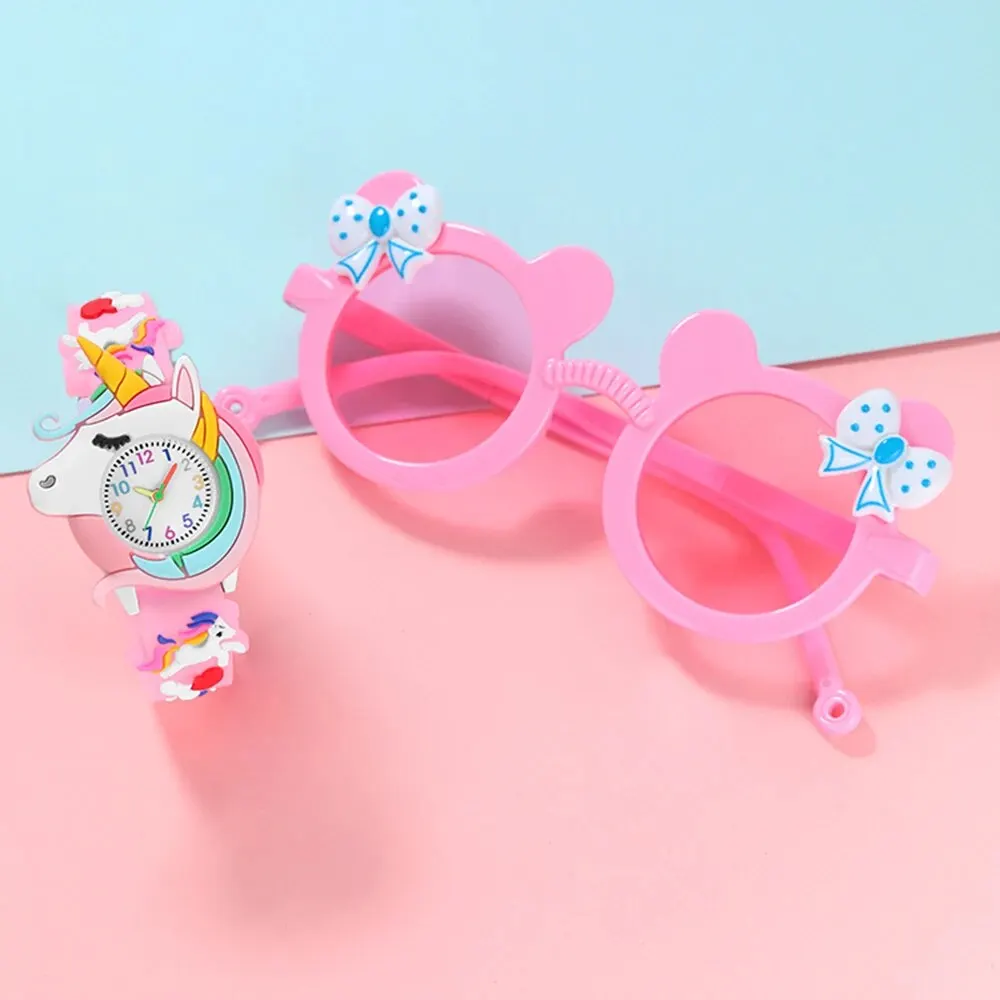 2pcs Girls Kids Unicorn Quartz Silicone Watch Quartz Watch Sunglasses Bow Cartoon Cute Girls Sun Protection Sunglasses Watch Set