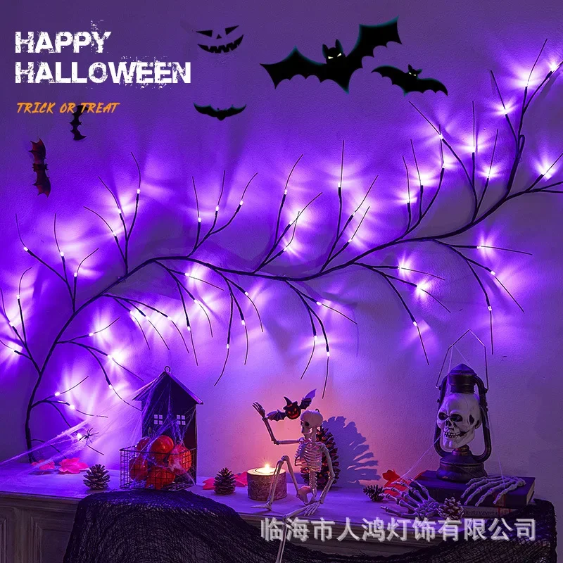 Nuevas luces decorativas de ratán para Halloween, luces LED de árbol simuladas, luces de rama de murciélago araña, lámparas de decoración de ambiente de Halloween