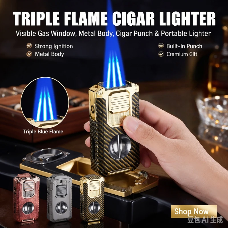 Multi-function Three Jet Flame Cigar Lighter, V Cigar Cutter, Cigar Drill and Through Needle,Transparent VisibleGasChamberDesign