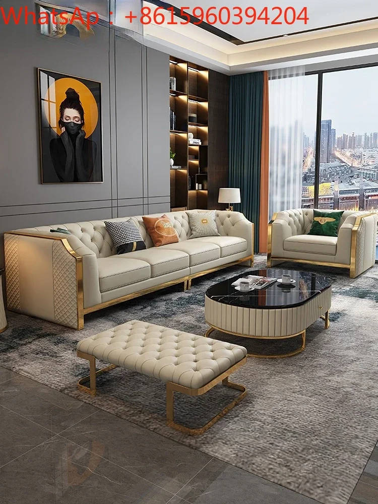 Custom light luxury leather sofa head cowhide living room Upscale atmosphere modern simple small apartment combination