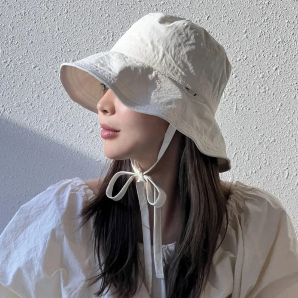 Casual Windbreak Rope Fisherman Hat Lace-up Thin Sunscreen Hat Solid Color Sunshade Basin Hat Summer