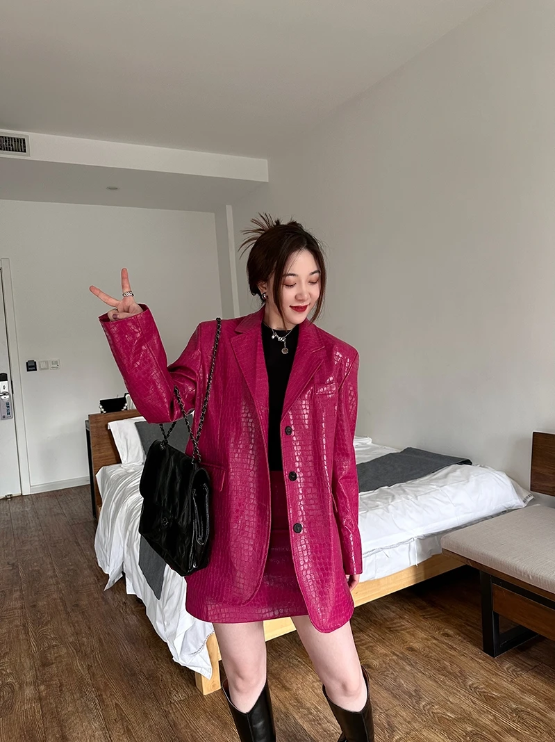 Cool Street Sle Giacca in pelle PU colorata con motivo coccodrillo Fire Dragon Fruit per le donne Primavera 2023 Pendolarismo Faion