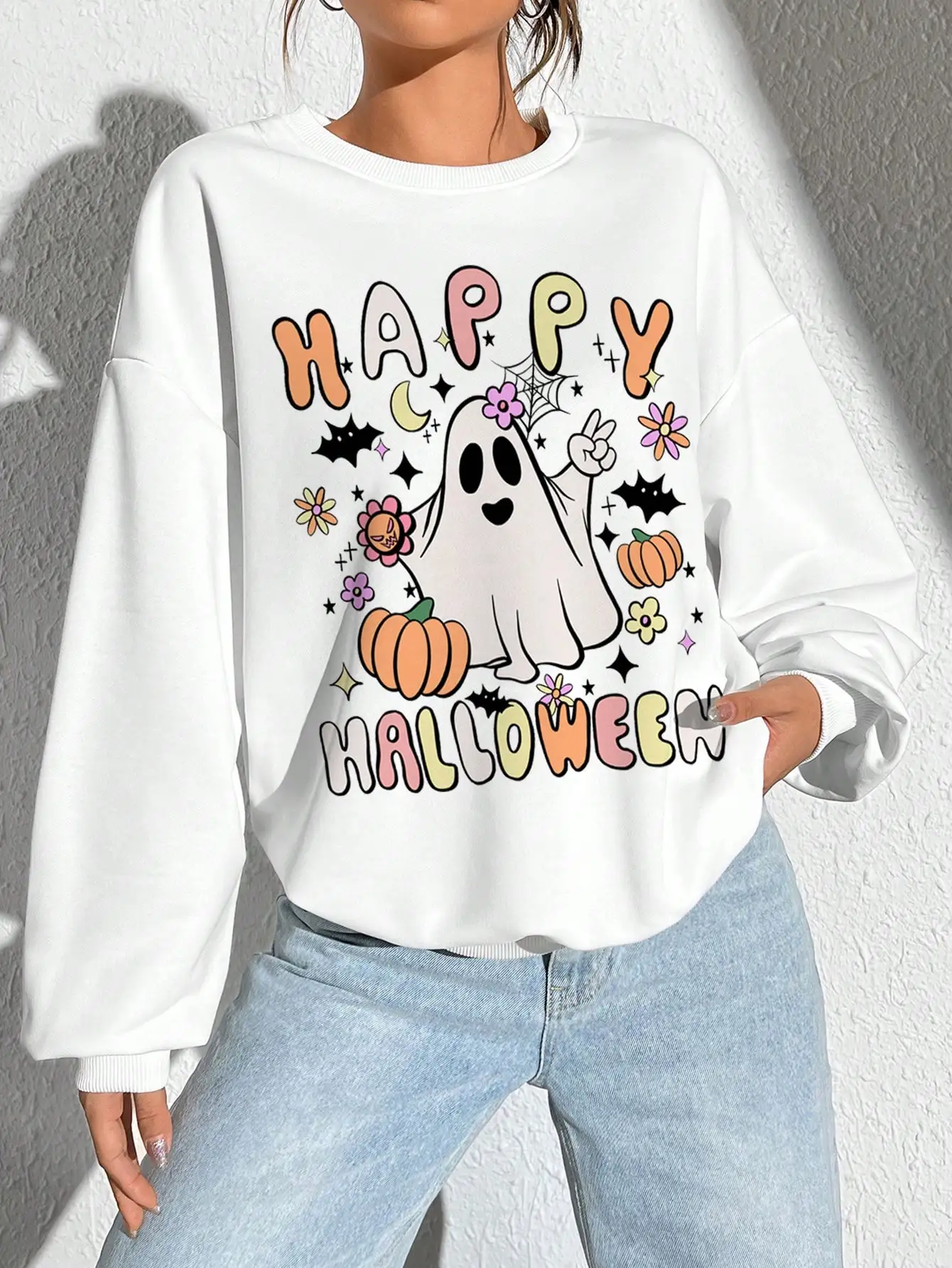 

Happy Halloween Cute Ghost Pumpkin Prints Womens Hoody Creative Casual Sweatshirts Fleece Autumn Streetswer Trendy Hip Hop Tops