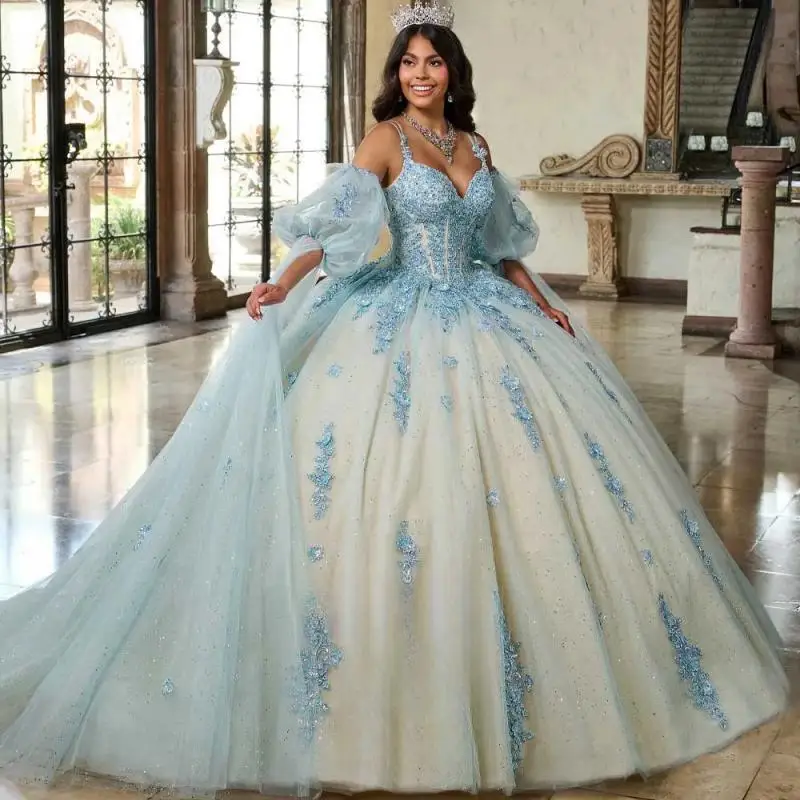 Glamorous Quinceanera Dress Appliques Spaghetti Straps Lantern Sleeves Tulle Vestidos De 15 Anos Made To Order