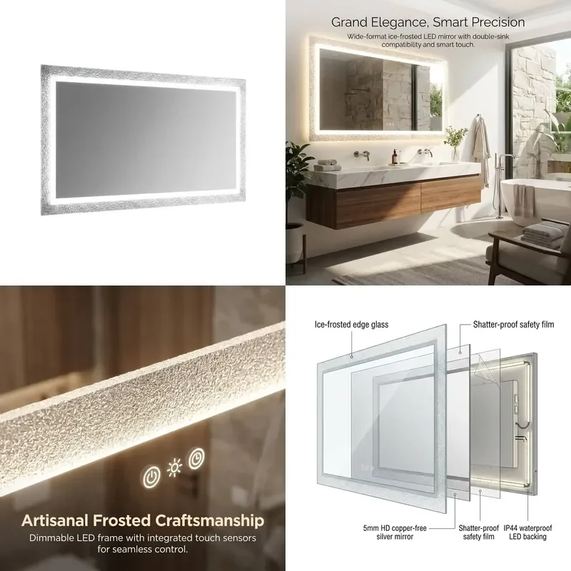 Modern LED Bathroom Mirror Touch Dimming Anti Fog Copper Free Silver Vanity IP44 Waterproof Wall Mounted Smart Mirror