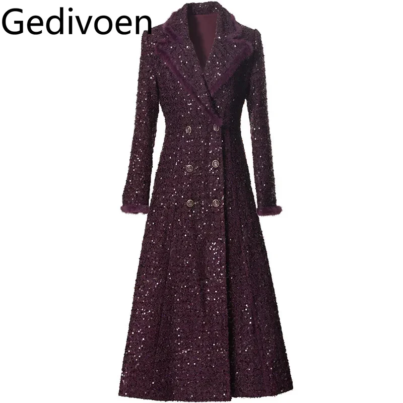 Gedivoen Autumn and winter Women's Elegant Coat Long-Sleeved Double-breasted Sequins design Streetwear Overcoat