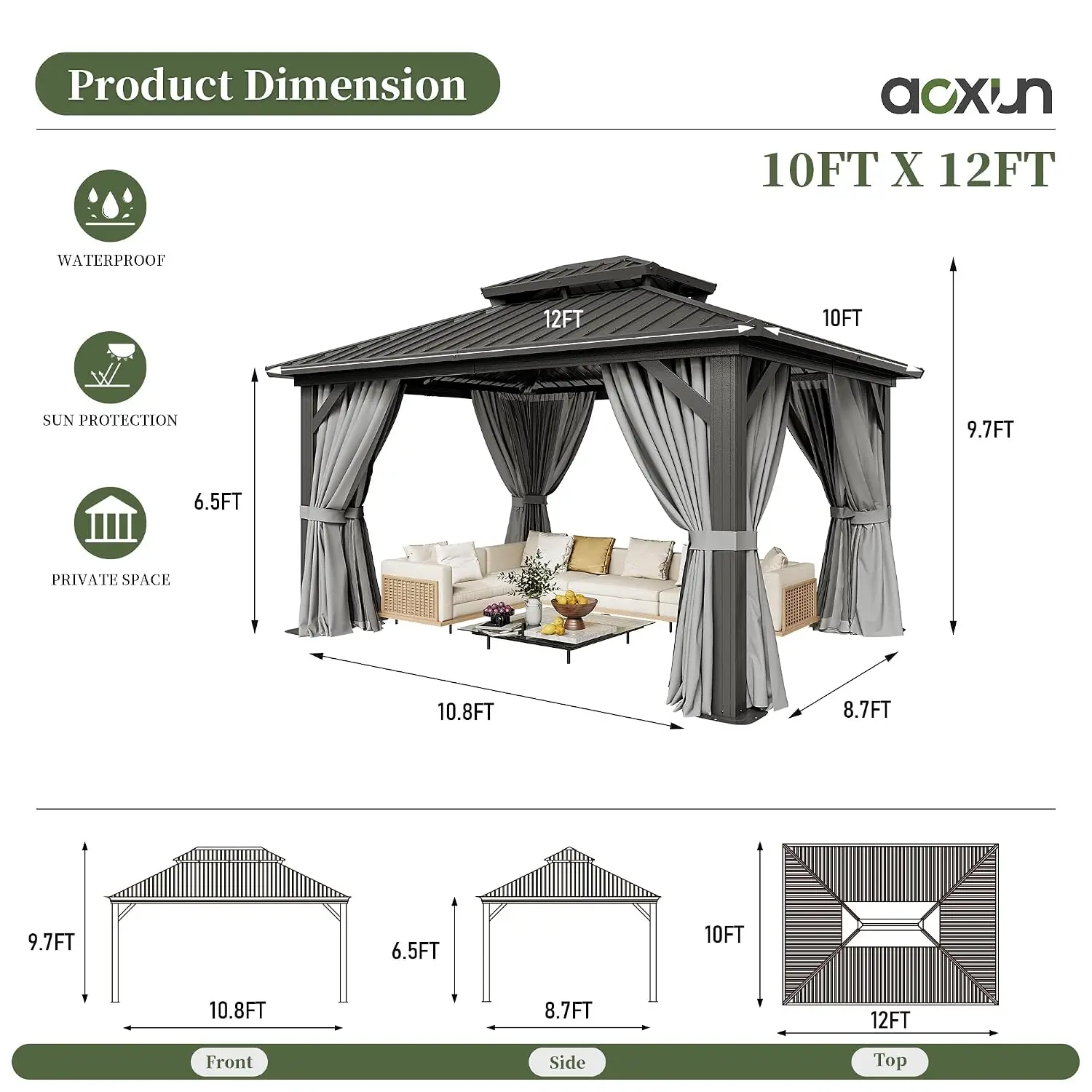 12'x10' Hardtop Gazebo with Hanging Lights, Gray | Outdoor Gazebo with Galvanized Steel Double Roof, Patio Gazebo with, Custom