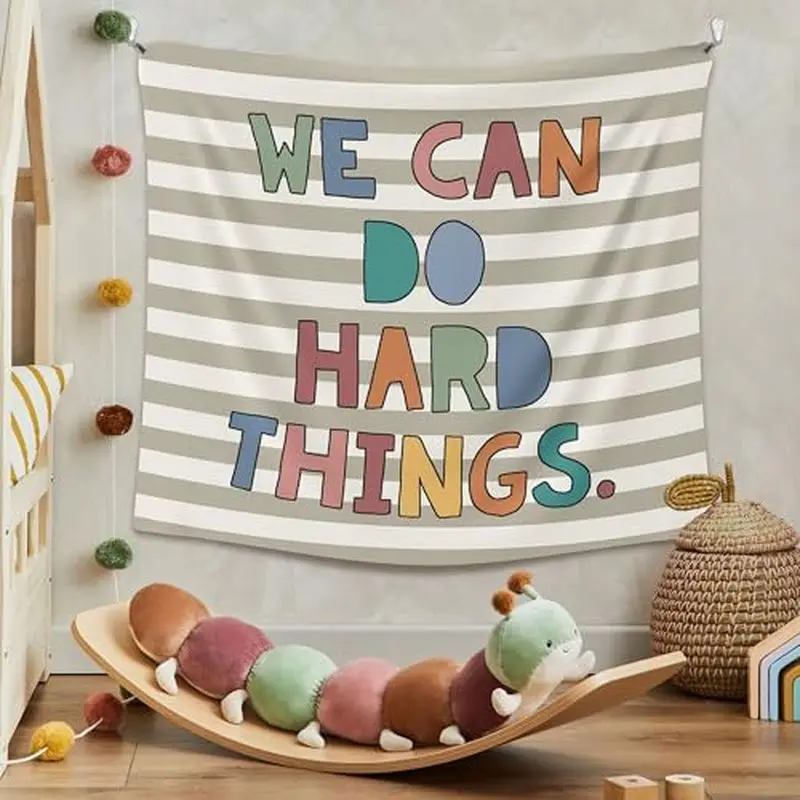 VIKAMA We Can Do Hard Things Band Quote Wall Tapestry Gray White Horizontal Stripe Colorful Letter Kids Classroom Bedroom Living