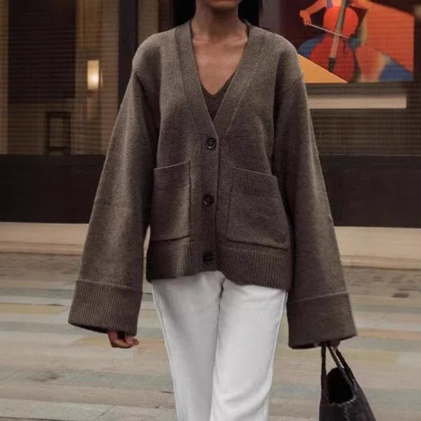 2025 Otoño e Invierno prendas de vestir exteriores para mujer cárdigan de punto de Color sólido cárdigan suelto de moda de manga larga con cuello en V