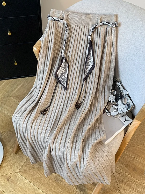 Falda Midi de punto suave de cintura alta para mujer Otoño Invierno nueva falda Maxi plisada de mezcla de algodón versátil adelgazante