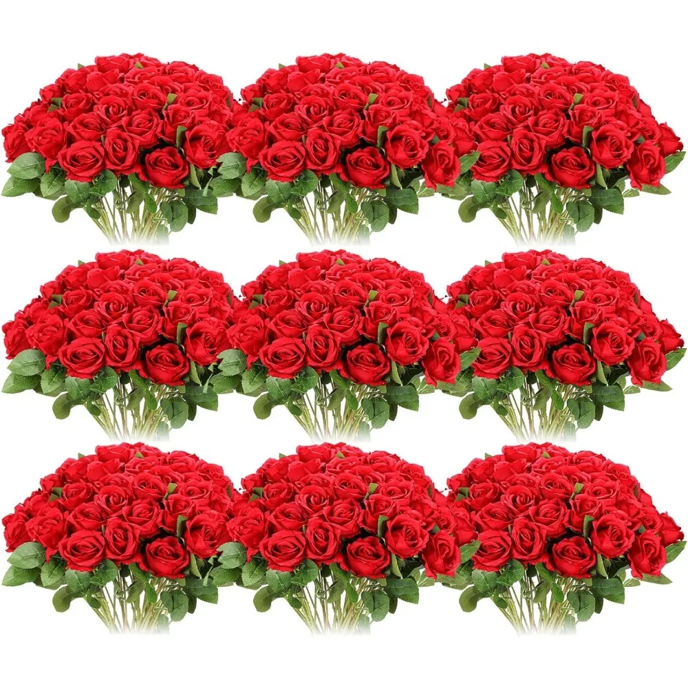 

100 Pieces of Artificial Red Rose Petals, Lifelike Silk Roses with Long Stems, Dining Table Center Vase, Wedding Home Decoration