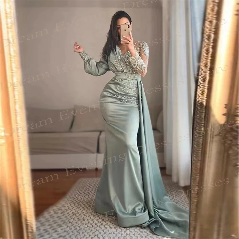 Elegant Satin V Neck Mermaid Modern Evening Dresses Lace Applique Beads Prom Gowns Full Sleeves Saudi Arabia Vestidos De Fiesta