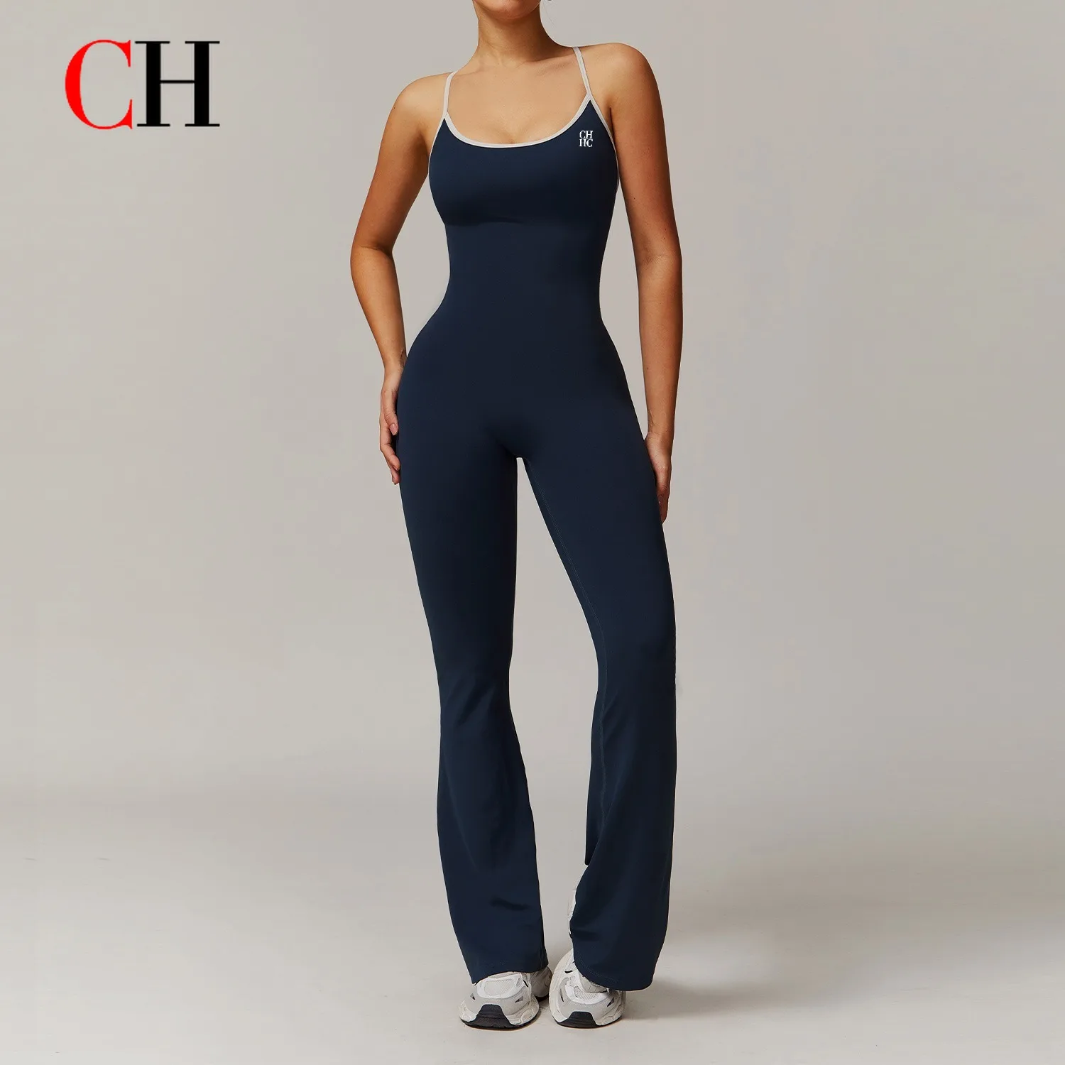 CH New Bare-feel Cross Back Yoga Jumpsuit Ruched Micro Flare Running Sports Fitness Bell-bottom Jumpsuit Yoga Wear