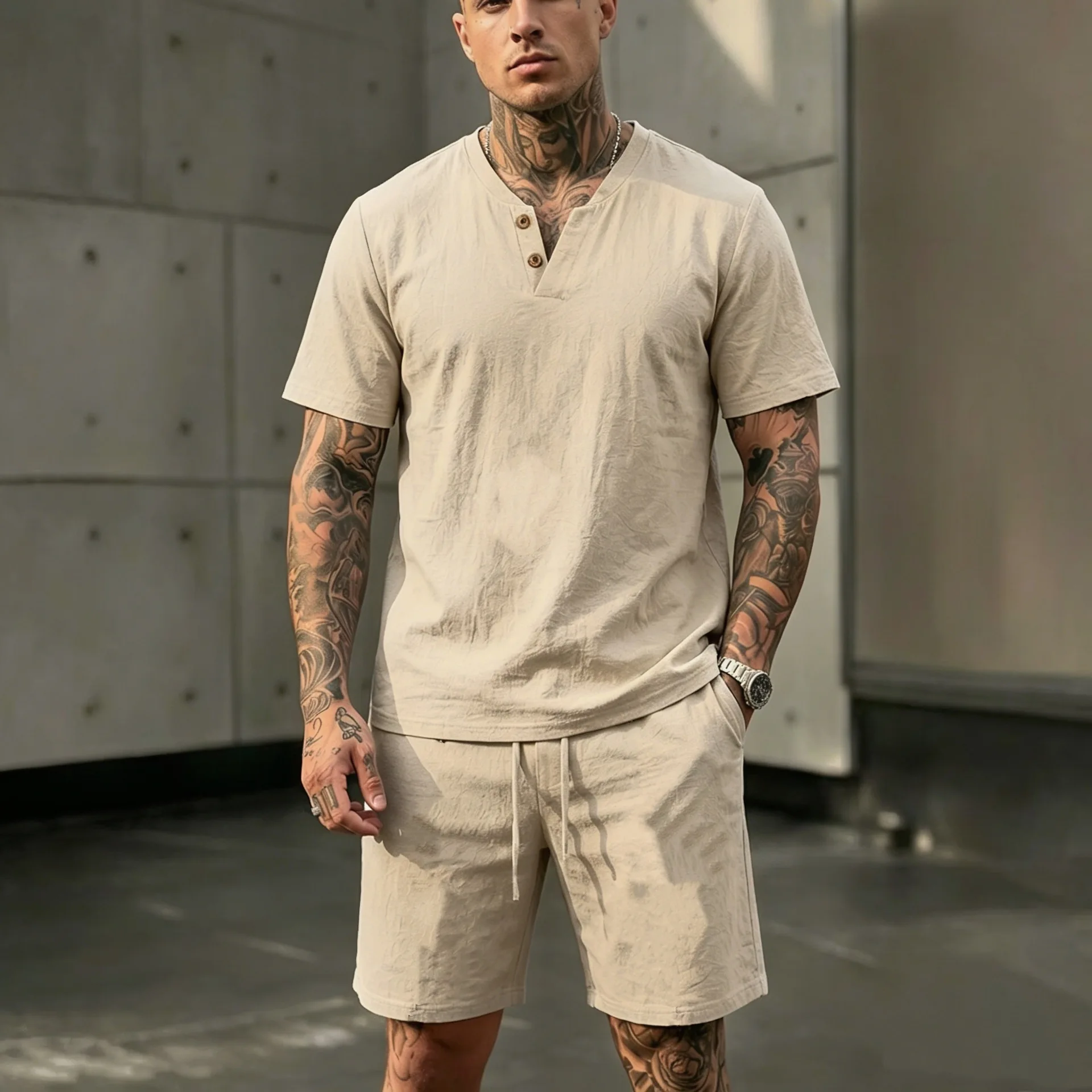 2026 Sommer Europäisch-Amerikanisches Herren-Leinen-Henley-Polo-Zweiteiler-Set: Lockeres Kurzarm-T-Shirt mit passenden Shorts – Atmungsaktives Urlaubsoutfit – Detail 7