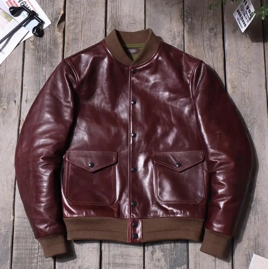 

YR!Free shipping.Classic A1 Bomber genuine leather jacket.men's real cowhide coat.burgundy Shiny leather cloth.Vintage style