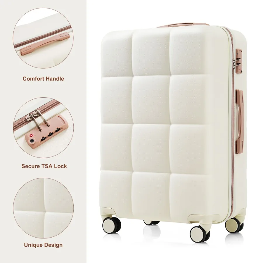 Luggage Sets 4 Piece, ABS Durable Suitcase With Travel Bag, Cup Holder, ABS Hard Shell Luggage With Spinner Wheels, White