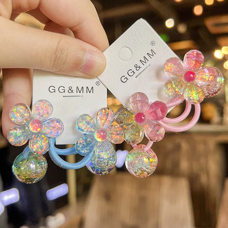 2pcs/lot Child Shinny 3D Floral Hair Ring Little Girl Sparkly Lovely Head String Summer Elastic Hair Band резинки для волос