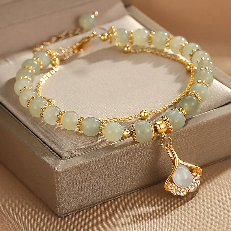 

Lucky Ginkgo Leaf Double Layer Hetian Jade Bracelet with Natural Agate, Zen Style Jewelry