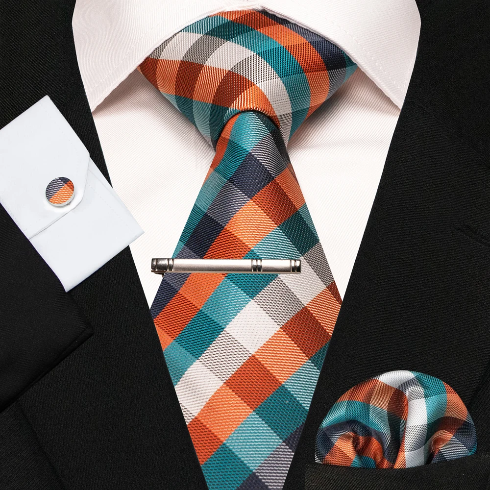 8cm Seidenkrawatten für Herren, grün-schwarze Krawatten, kariert, gestreift, Krawatten-Set mit Einstecktuch, Manschettenknöpfen und Krawattenklammern, für Hochzeit, Business, Party. – Detail 4