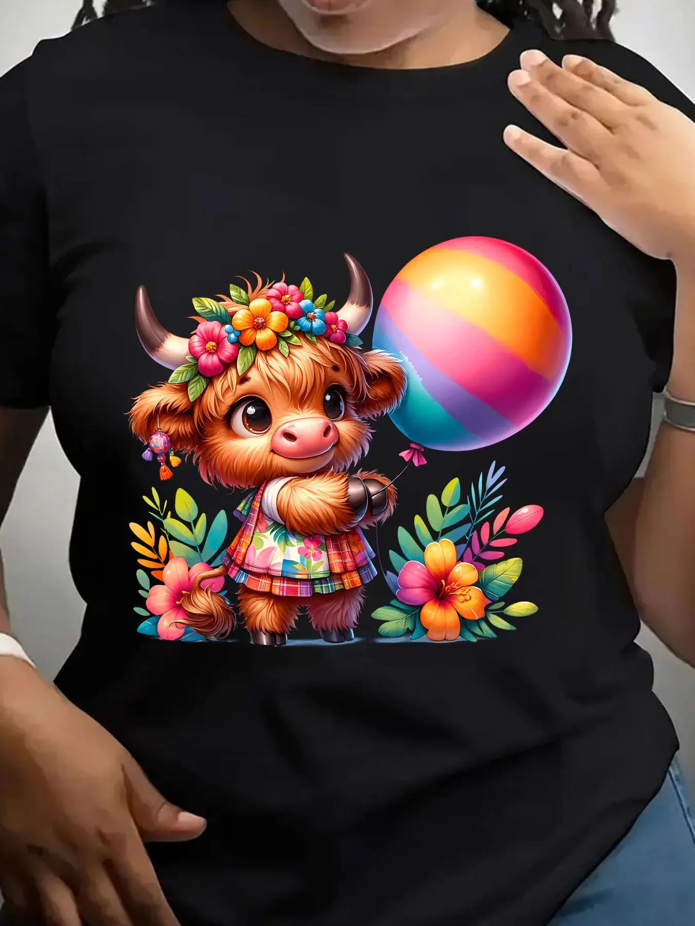 Women's Trendy Crew Neck T-Shirt Cute Bull with Rainbow Balloon Suitable for Casual Sportswear