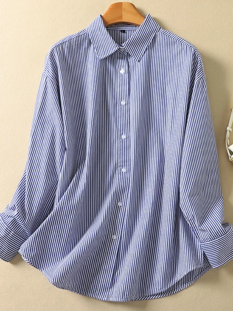 

Premium Flax Blue White Stripes Women's irt Casual Long Sve Slimming Cotton Linen Inner Wear Top for Autumn