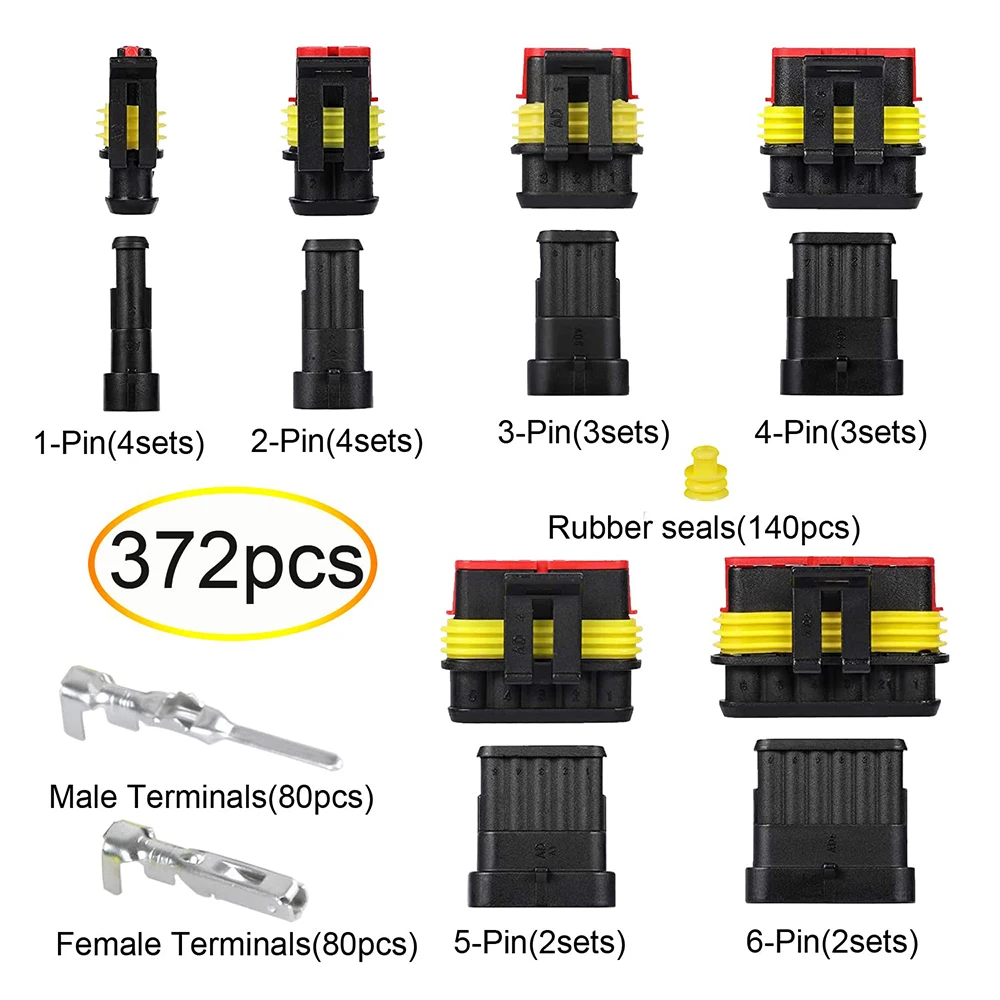 372Pcs Waterproof Automotive Electrical Connectors Quick Connect Wire Connectors Automotive 1/2/3/4/5/6 Pin Connectors (18 Sets)