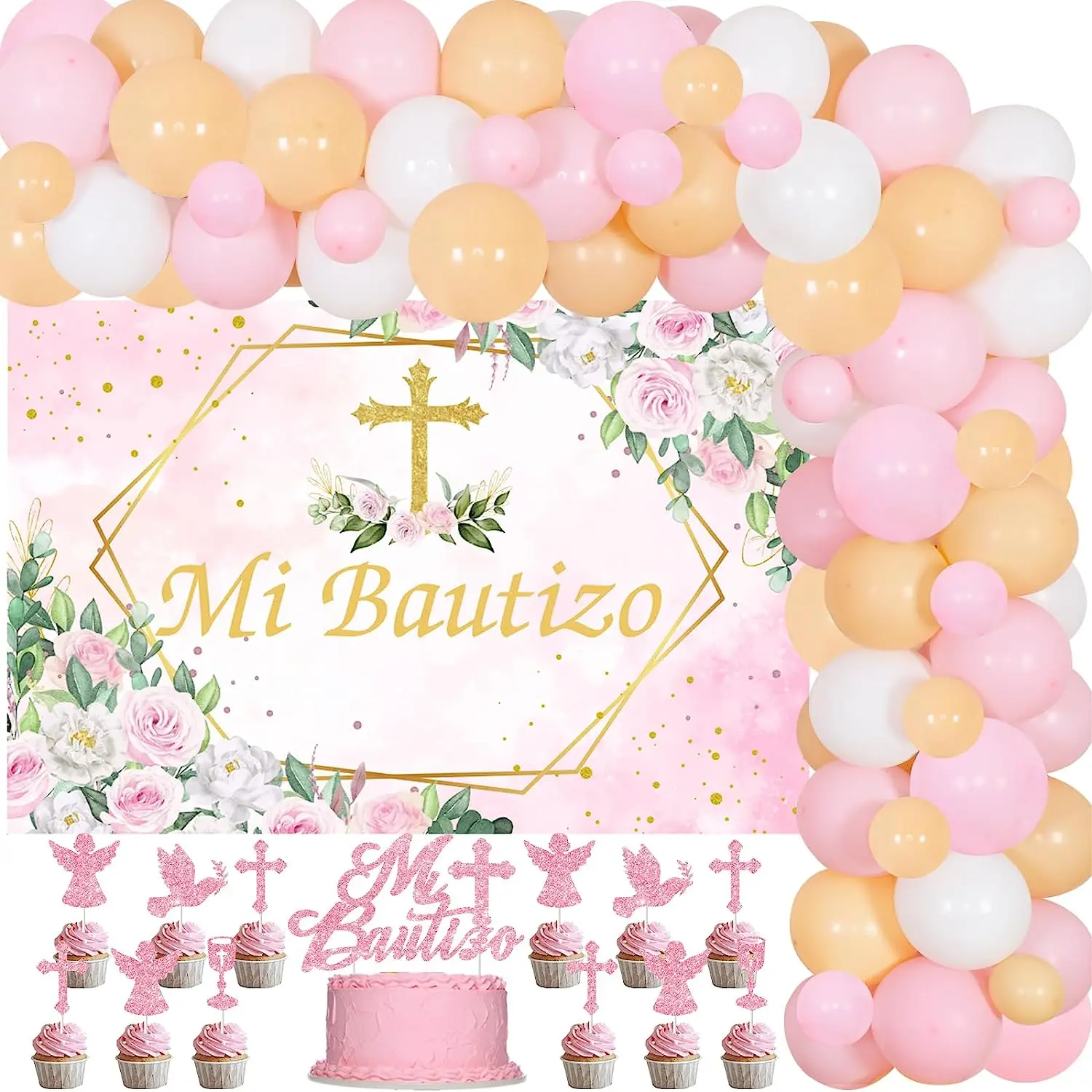 

Mi Bautizo Party Decorations Pink Baptism Balloon Garland Kit with Backdrop God Bless First Communion Christening Party Supplies